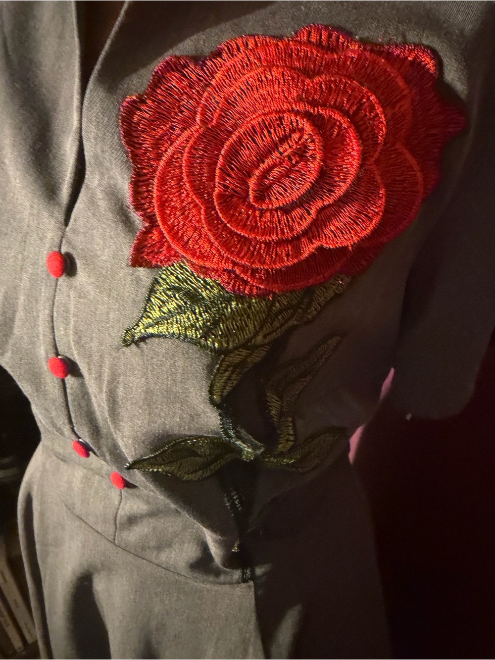 50s Vintage inspired Gray Fit-and-Flare Dress with Red Rose Appliqué - Picture 2 of 5